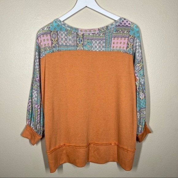 Adora Womens Orange Boho Patchwork Sleeve Detail Waffle Knit Casual Top Medium - Picture 5 of 6
